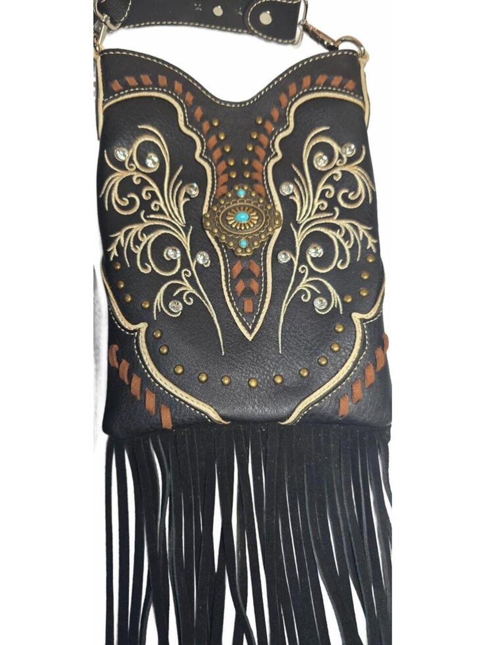Boho Chic Dark Grey  Leather Fringe Crossbody Bag w/Embroidered Turquoise Accent